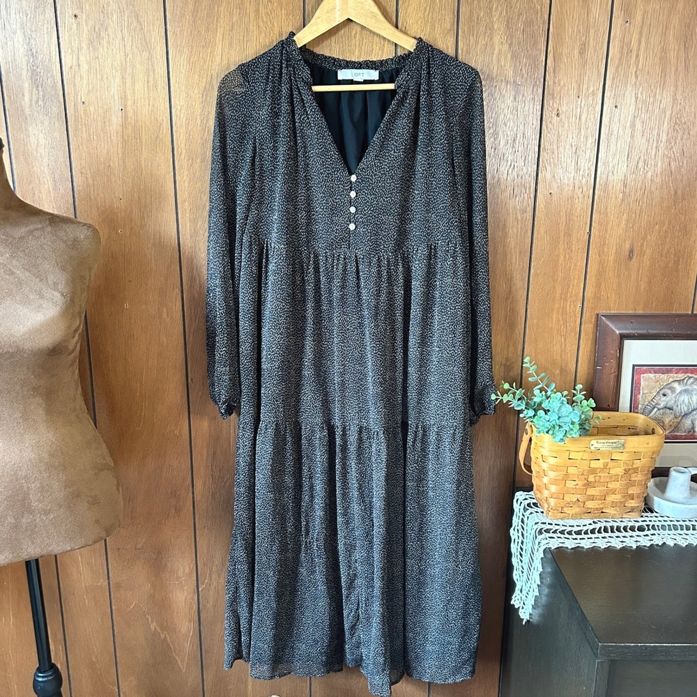 LOFT‎ Women's Dress Size S Small Black Sheer Tiered Midi Long Sleeve Career